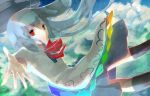  bad_id blue_hair chirosuke cloud dress falling hat hat_removed headwear_removed highres hinanawi_tenshi long_hair outstretched_arm red_eyes sky smile solo touhou 