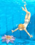  animal aqua_background ass barefood barefoot bubble caustic_lighting character_request diving feet freediving green_eyes kasumi_(pokemon) kasumi_(pokemon)_(hgss) miraclenight one-piece_swimsuit orange_hair pokemon pokemon_(game) pokemon_gsc pokemon_hgss pool short_hair smile solo starmie swimming swimsuit toes underwater water 