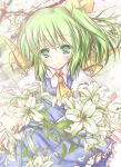  ascot blush bow colored_eyelashes daiyousei dress fairy_wars flower green_eyes green_hair hair_ribbon hasuga_sea light_smile lily_(flower) looking_at_viewer outstretched_arms ribbon short_hair side_ponytail smile solo tareme touhou wings 