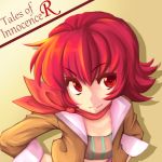  coat hourou iria_animi red_eyes red_hair redhead scarf short_hair smile solo tales_of_(series) tales_of_innocence title_drop yellow_background 