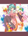  1girl boots detached_sleeves green_eyes green_hair hatsune_miku highres letterboxed smile solo thigh-highs thigh_boots vocaloid zoom_layer 