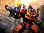  aniki_gunsou autobot building city clenched_hand dust fist glowing glowing_eyes gun highres mecha no_humans oldschool realistic robot rodimus_prime transformers weapon 