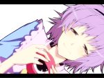  close-up dutch_angle komeiji_satori kurokuro letterboxed purple_hair sideways simple_background smile solo squinting third_eye touhou 