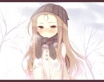  1girl bad_id beanie blush brown_eyes brown_hair forehead hat idolmaster komi_zumiko letterboxed long_hair looking_at_viewer minase_iori pom_pom_(clothes) pom_pom_(clothing) scarf simple_background solo tree winter 
