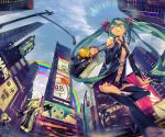  &gt;_&lt; america american_flag aqua_hair bag blonde_hair bow building city cityscape cloud el-zheng hatsune_miku kagamine_len kagamine_rin landmark long_hair megurine_luka new_york purse rainbow real_world_location shirtless shorts skirt skyscraper takoluka thigh-highs thighhighs times_square twintails vest vocaloid 