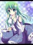 checkered checkered_background detached_sleeves frog gohei green_eyes green_hair hair_ornament highres kochiya_sanae letterboxed long_hair long_skirt ringonotane skirt smile snake solo touhou