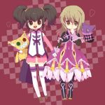  anise_tatlin bad_id black_hair blonde_hair brown_eyes dress elise_lutas elise_lutus hand_holding heart holding_hands inamura_(yanahiyabao) long_hair multiple_girls open_mouth tales_of_(series) tales_of_the_abyss tales_of_xillia thigh-highs thighhighs tipo_(xillia) tippo tokunaga twintails 