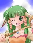  bust feena grandia grandia_i green_eyes green_hair hair_ornament hair_tubes jewelry necklace open_mouth shimandakiyono smile solo whip wink 