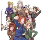  6+girls ^_^ ahoge alternate_hair_color america_(hetalia) american_flag angry apty arm_up armband arms_behind_head arms_up axis_powers_hetalia bangs belt black_hair blonde_hair blue_eyes blush breasts brown_eyes cat china_(hetalia) chinese_flag clenched_hand closed_eyes double_bun eyes_closed fist flag flat_chest foreshortening france_(hetalia) french_flag frown fur_trim genderswap german_flag germany_(hetalia) gloves green_eyes hair_bun hair_ornament hairband hairclip hand_on_hip happy hips holding italian_flag japan_(hetalia) japanese_flag katana large_breasts long_hair military military_uniform multiple_girls necktie northern_italy_(hetalia) open_clothes open_jacket people's_republic_of_china_flag ponytail purple_eyes russia_(hetalia) russian_flag salute sash scarf short_hair siblings simple_background sisters southern_italy_(hetalia) sweat swept_bangs sword tongue tubetop twintails uniform union_jack united_kingdom_(hetalia) violet_eyes wavy_hair weapon wink 