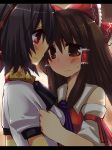  ame_(candycircle) ascot black_hair blush bow brown_hair bust hair_bow hair_tubes hakurei_reimu long_hair multiple_girls red_eyes shameimaru_aya shirt_tug short_hair touhou yuri 