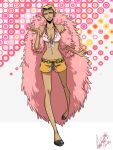  breasts cleavage collarbone donquixote_doflamingo dot_background feather_boa genderswap highres hips legs lotusmartus navel one_piece pink polka_dot polka_dot_background shorts sunglasses walking yellow_eyes 
