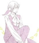  adapted_costume animal axis_powers_hetalia bad_id bird bird_on_shoulder bowtie iceland_(hetalia) long_sleeves looking_at_viewer male monochrome pants pet purple simple_background sitting snake_mike solo v_arms vest white_background white_skin 