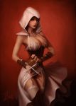  assassin&#039;s_creed assassin's_creed breasts brown_eyes cleavage collarbone corset duplicate fishnets garter_straps garters hidden_blade hood large_breasts lingerie lips solo tan thigh-highs thighhighs underwear weapon white_legwear will_murai 