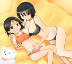  black_eyes black_hair blush breasts brown_eyes hand_on_another's_stomach hand_on_shoulder hand_on_stomach kanno_naoe large_breasts multiple_girls open_mouth shimohara_sadako short_hair small_breasts strike_witches sweatdrop tanaka_rikimaru wavy_mouth yuri 