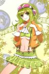  breasts goggles goggles_on_head green_eyes green_hair gumi jacket megpoid_(vocaloid3) midriff musical_note navel short_hair skirt smile solo suspenders under_boob underboob velia vocaloid 