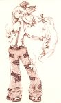  :&lt; bow crossed_arms fire flame from_behind fujiwara_no_mokou graphite_(medium) hair_bow kouko_(thorax) long_hair looking_back monochrome pants shoes solo suspenders touhou traditional_media 