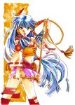  1girl 90s :o alternate_hair_color blue_hair feena grandia grandia_i hair_ornament hair_tubes long_hair low-tied_long_hair main miniskirt navel red_legwear red_thighhighs skirt solo traditional_media whip 