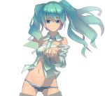  aqua_eyes aqua_hair bare_shoulders hatsune_miku highres long_hair midriff navel necktie panties proyumer simple_background smile solo striped striped_panties thighhighs twintails underwear vocaloid 