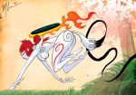 all_fours amaterasu breasts facial_mark marques_cannon nude okami ookami_(game) paintbrush personification red_hair redhead reflector tail white_skin 