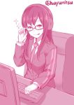  1girl :p adjusting_glasses chair computer_keyboard glasses headset huyumitsu looking_at_viewer military military_uniform necktie sitting solo tongue tongue_out twitter_username uniform usami_shiori world_trigger 