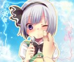  bad_id blue_eyes blush bow cheek_pinch cheek_pinching flower hair_ribbon hairband konpaku_youmu momoco88 pinch pinching pudding ribbon short_hair silver_hair solo spoon touhou 