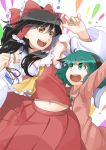  :d \o/ animal_ears arm_up arms_up ascot bare_shoulders black_hair bow brown_eyes detached_sleeves dress eye_contact green_eyes green_hair hair_bow hair_tubes hakurei_reimu hands kasodani_kyouko long_hair looking_at_another midriff miko multiple_girls navel open_mouth outstretched_arms short_hair skirt smile touhou yuuki_maya 