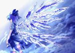  blue_eyes blue_hair bow cirno dress_shirt fairy from_behind hair_bow ice ice_wings looking_back shirt short_hair skirt smile solo tahoo touhou wings 