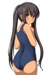  bad_id black_hair brown_eyes don_(29219) k-on! long_hair looking_back nakano_azusa one-piece_swimsuit school_swimsuit swimsuit tan twintails 