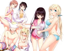  6+girls 6girls aqua_eyes bicolored_eyes bikini boku_wa_tomodachi_ga_sukunai brown_eyes brown_hair buriki cleavage glasses hair_ornament hair_ribbon hasegawa_kobato hasegawa_kodaka heterochromia holding jacket kashiwazaki_sena kusunoki_yukimura long_hair midriff mikazuki_yozora necklace one-piece_swimsuit ponytail sandals shiguma_rika short_hair side-tie_bikini simple_background stuffed_toy swimsuit takayama_maria white_background white_hair 