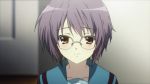  blush glasses highres nagato_yuki purple_hair school_uniform screencap short_hair smile solo suzumiya_haruhi_no_shoushitsu suzumiya_haruhi_no_yuuutsu yellow_eyes 