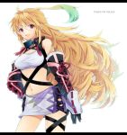  bad_id blonde_hair breasts choker cleavage elbow_gloves gloves gradient_hair green_hair hand_on_hip highres hips long_hair midriff milla_maxwell minmin_nemui multicolored_hair navel red_eyes skirt smile solo tales_of_(series) tales_of_xillia taut_shirt title_drop tubetop 