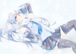  blue_eyes detatched_sleeves earmuffs hand_on_forehead hatsune_miku lying mittens necktie on_back scarf snowing tagme tight_highs vocaloid white_hair white_scarf yuki_miku 