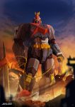 ball blurry chain choudenji_machine_voltes_v depth_of_field highres mecha mugyaclan no_humans protected_link rubble signature sky sword voltes_v_(mecha) weapon
