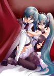  1girl aqua_eyes aqua_hair cat0178 couple genderswap gloves hatsune_miku hatsune_mikuo headdress highres long_hair thigh-highs thighhighs twintails very_long_hair vocaloid 