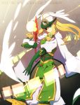  blazblue blonde_hair cape gloves green_eyes hat long_hair pants player_2 ryolove serious sword tsubaki_yayoi weapon wings 