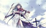  breasts cleavage cloud copyright_request cross dress green_hair highres hirano_katsuyuki instrument letterboxed long_hair side_slit sky solo sword thighs violin wallpaper weapon weaponized_instrument 