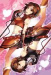  brown_hair caffein crop_top dual_persona headphones heart highres light_smile looking_back meiko microphone microphone_stand midriff nail_polish open_mouth rotational_symmetry sakine_meiko shiny shiny_skin short_hair skirt smile star vintage_microphone vocaloid young zoom_layer 