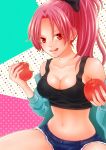  :q apple breasts cleavage food fruit holding holding_apple holding_fruit mahou_shoujo_madoka_magica midriff rapi red_eyes red_hair redhead sakura_kyouko solo tongue 