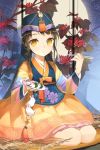  1girl child dress flat_chest food gold_eyes hanbok korean_clothes korean_dress looking_at_the_viewer looking_at_viewer lowres mole sita sita_vilosa sitting solo sword_girls yellow_eyes 