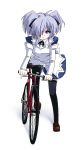 1girl bicycle grune koron_(asuka_tsubasa) looking_at_viewer original short_hair short_twintails simple_background solo thighhighs twintails white_background 
