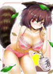  adjusting_glasses animal_ears blush bottle bra breasts cleavage futatsuiwa_mamizou glasses lace-trimmed_bra large_breasts leaf leaf_on_head leaves lingerie mocchi panties pince-nez pink_bra pink_panties purple_hair raccoon_ears raccoon_girl raccoon_tail red_eyes sake shiny shiny_skin short_hair smile solo tail touhou underwear underwear_only 