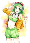  absurdres breasts goggles goggles_on_head green_eyes green_hair gumi highres jacket megpoid_(vocaloid3) midriff minato_(shouno) navel short_hair shorts sketch smile solo suspenders under_boob underboob vocaloid 