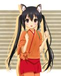  animal_ears bad_hands black_hair brown_hair cat_ears clenched_hands cosplay hanasaku_iroha highres japanese_clothes k-on! long_hair looking_at_viewer nakano_azusa open_mouth ryoutan solo twintails 