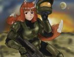  animal_ears assault_rifle bb_(baalbuddy) cosplay crossover drawfag gun halo_(game) holo horo master_chief master_chief_(cosplay) pun red_eyes red_hair redhead rifle solo spice_and_wolf tail weapon wolf_ears wolf_tail 