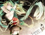  1girl armpits arms_up character_name dress green_eyes green_hair hatsune_miku long_hair reika_(pixiv776765) solo thighhighs twintails very_long_hair vocaloid 