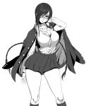  cleavage copyright_request erza_scarlet fairy_tail glasses hair_over_one_eye hips large_breasts legs mada_(mk333) miniskirt monochrome pleated_skirt school_uniform skirt smile solo thighs wide_hips 