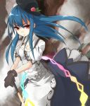  absurdres adapted_costume blue_hair breasts cleavage dress food fruit gloves hands_on_hips hat highres hinanawi_tenshi ibuki_notsu long_hair notsugimi peach red_eyes solo sword sword_of_hisou touhou weapon 