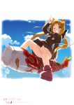 ;d absurdres animal_ears arm_support arm_up bangs blonde_hair blue_sky blush boots bow brown_hair character_request cloud dress dutch_angle fish flat_chest floating_hair flying foreshortening fox_ears from_below fur_trim grin hair_bow highres kantoku keenedual_na_hermesion kite legs long_hair looking_at_viewer midriff official_art open_mouth outdoors panties parted_bangs reclining riding scan shinkyoku_soukai_polyphonica shinkyoku_soukai_polyphonica_aphonic_songbird short_dress sitting sky smile solo spread_legs straddle twintails underwear waving white_panties wind_lift wink yellow_eyes 