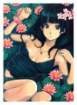  black_eyes black_hair blush breasts camisole copyright_request dackq flower hair_flower hair_ornament jewelry lily_(flower) lily_pad long_hair looking_at_viewer necklace off_shoulder partially_submerged scrunchie solo water wet wet_clothes 