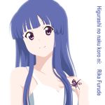  aquilix art_style_parody blue_hair camisole cover_art crossover dress furude_rika hand_on_chest higurashi_no_naku_koro_ni k-on! long_hair parody purple_eyes simple_background smile solo tattoo violet_eyes white_background 